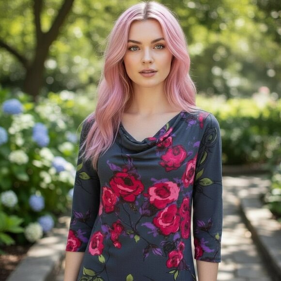 Anthropologie Tops - WESTON WEAR ANTHRO Cowl Neck Blouse S Top Shirt Watercolor Floral Gray Draped